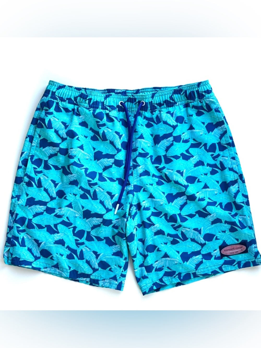 Vineyard Vines Aqua and Navy Tropical Fish Swim Shorts